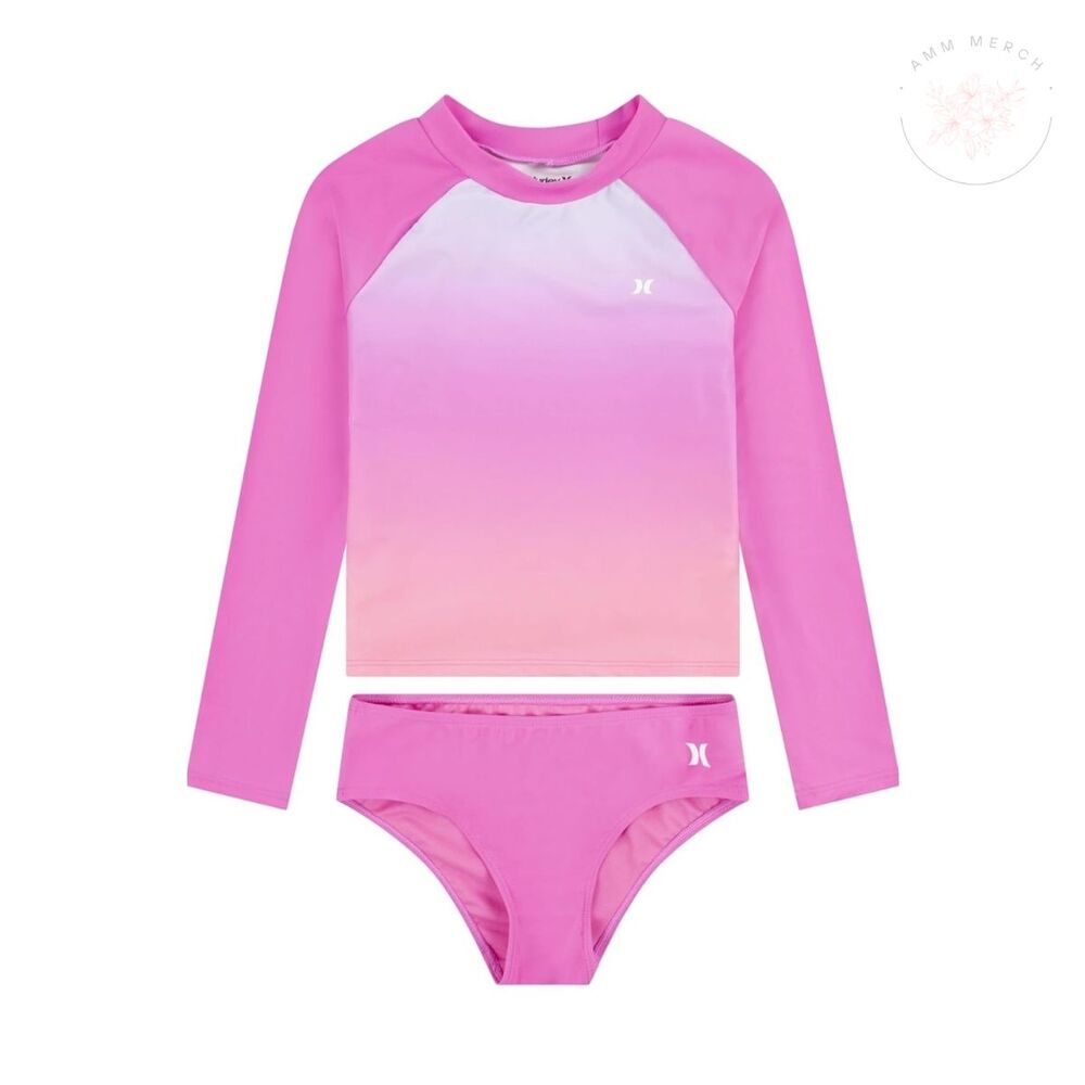 Hurley Girls Long Sleeve Rash Guard 2-Piece Swimsuit Pink Sz 14 NWT